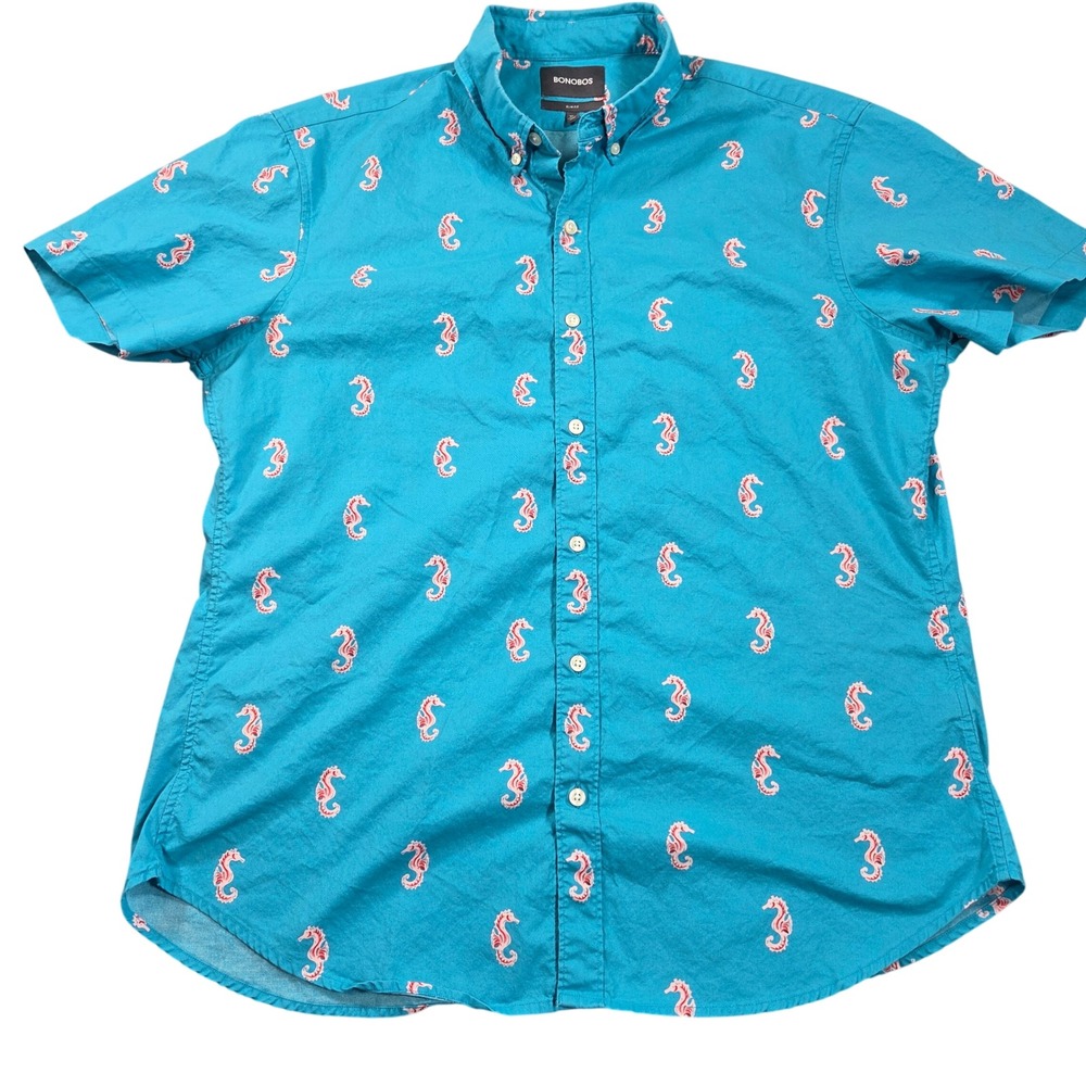 Bonobos Shirt Mens XL Blue Slim Fit Short Sleeve Button Down Seahorse Print